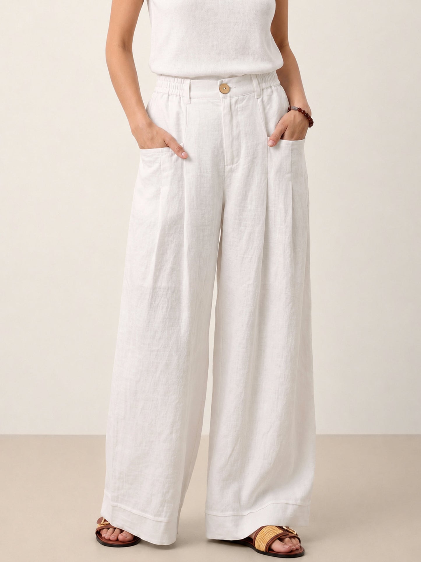 100% Linen Sculpted Pleat Elasticated Back Relaxed Pants VERIDIANA